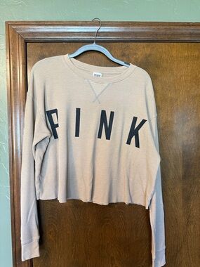 PINK Victoria's Secret Beige Cropped Long Sleeve Tee with Black Logo